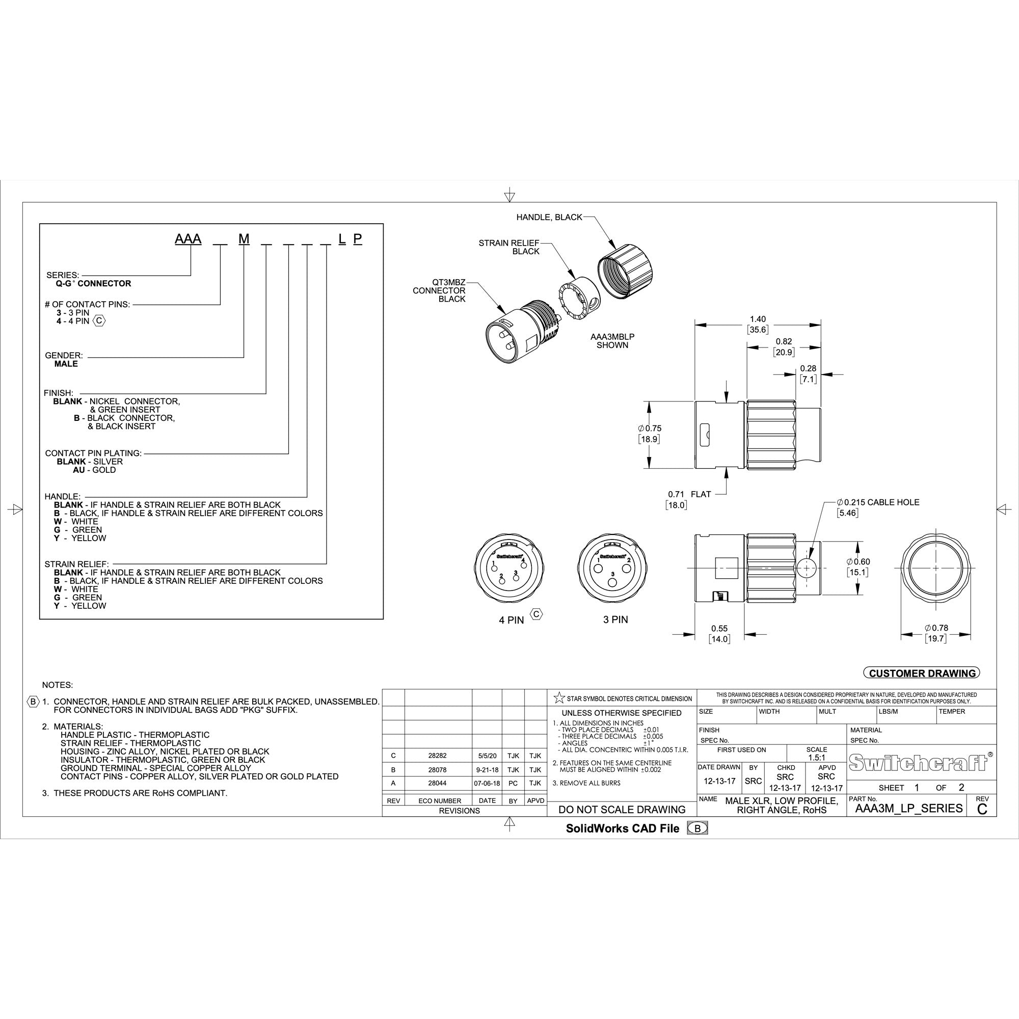 Switchcraft AAA3MBWWLP Low Profile Right-Angle Male 3-Pin XLR Cable Connector (White, 10 Pack)