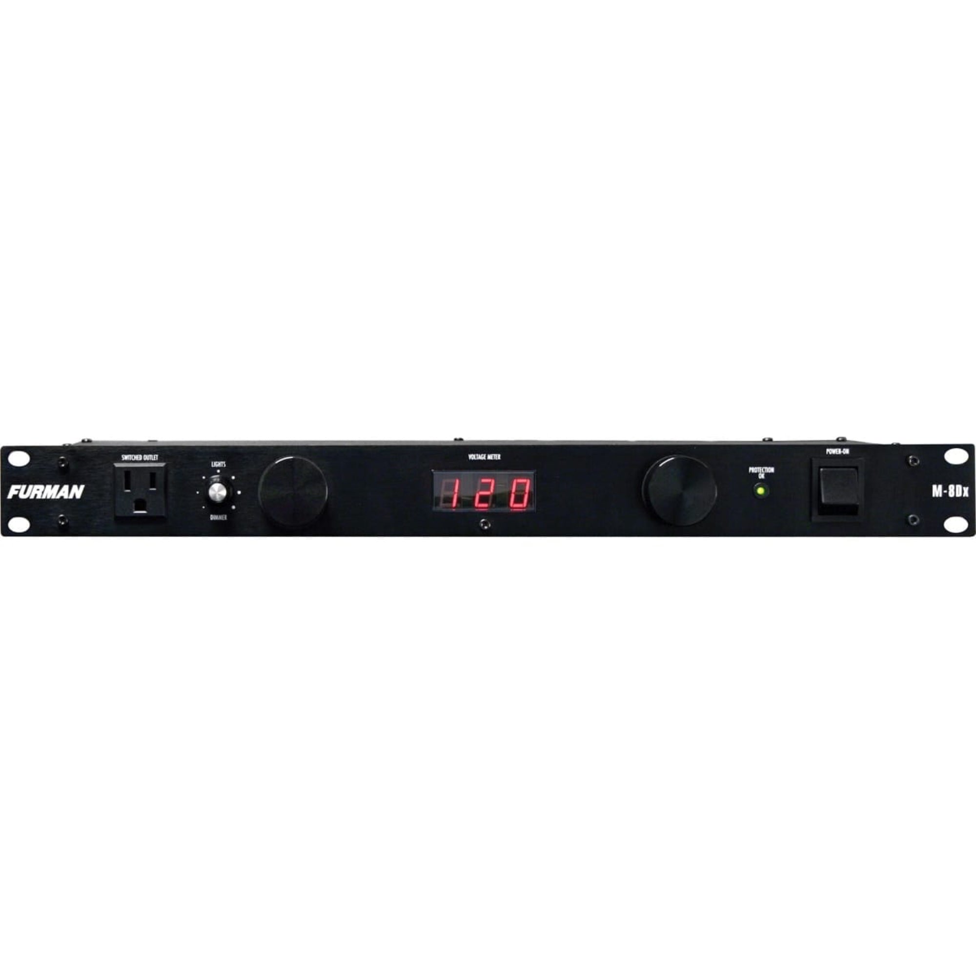 A black Furman M-8Dx Merit Series power conditioner and surge protector with an LED voltmeter displayed on the front panel, along with several outlet slots.