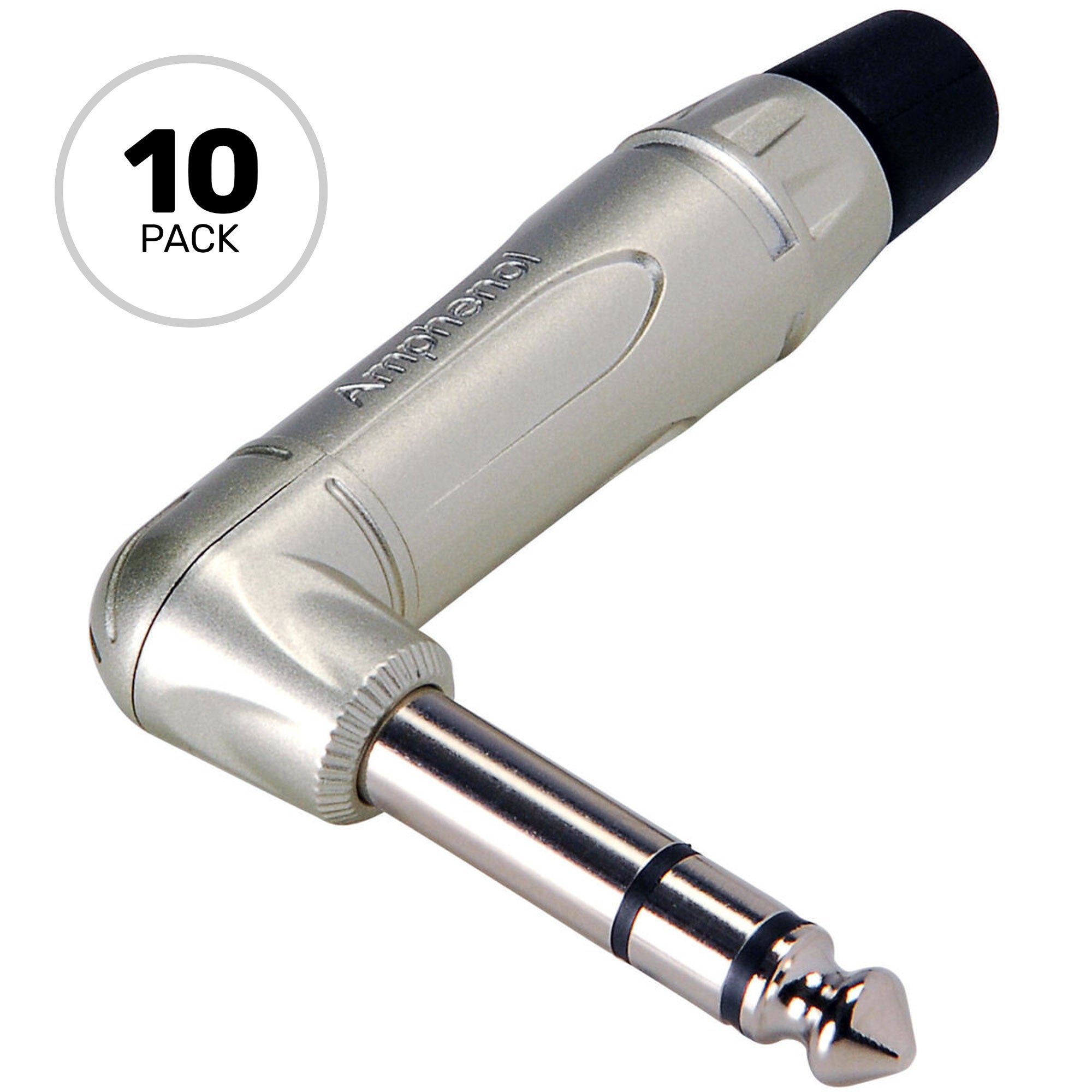 Amphenol ACPS-TN Professional Right-Angle 1/4" TRS Stereo Phone Plug (Nickel/Silver, 10 Pack)