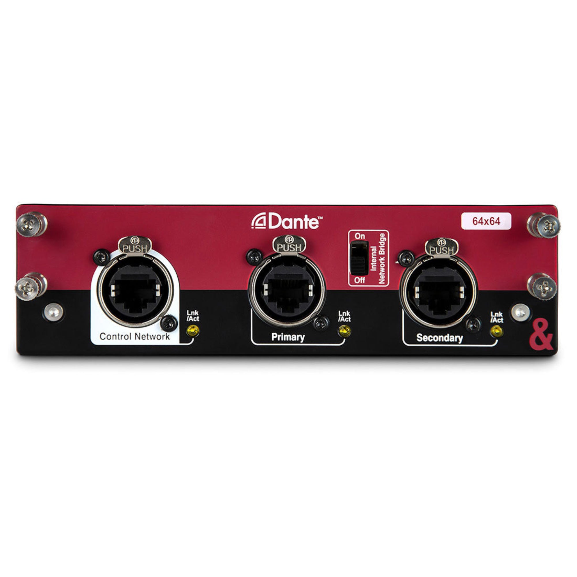 An Allen & Heath dLive Dante 64x64 Audio Networking Card, featuring a red and black color scheme with control network ports and Dante branding on the front panel.