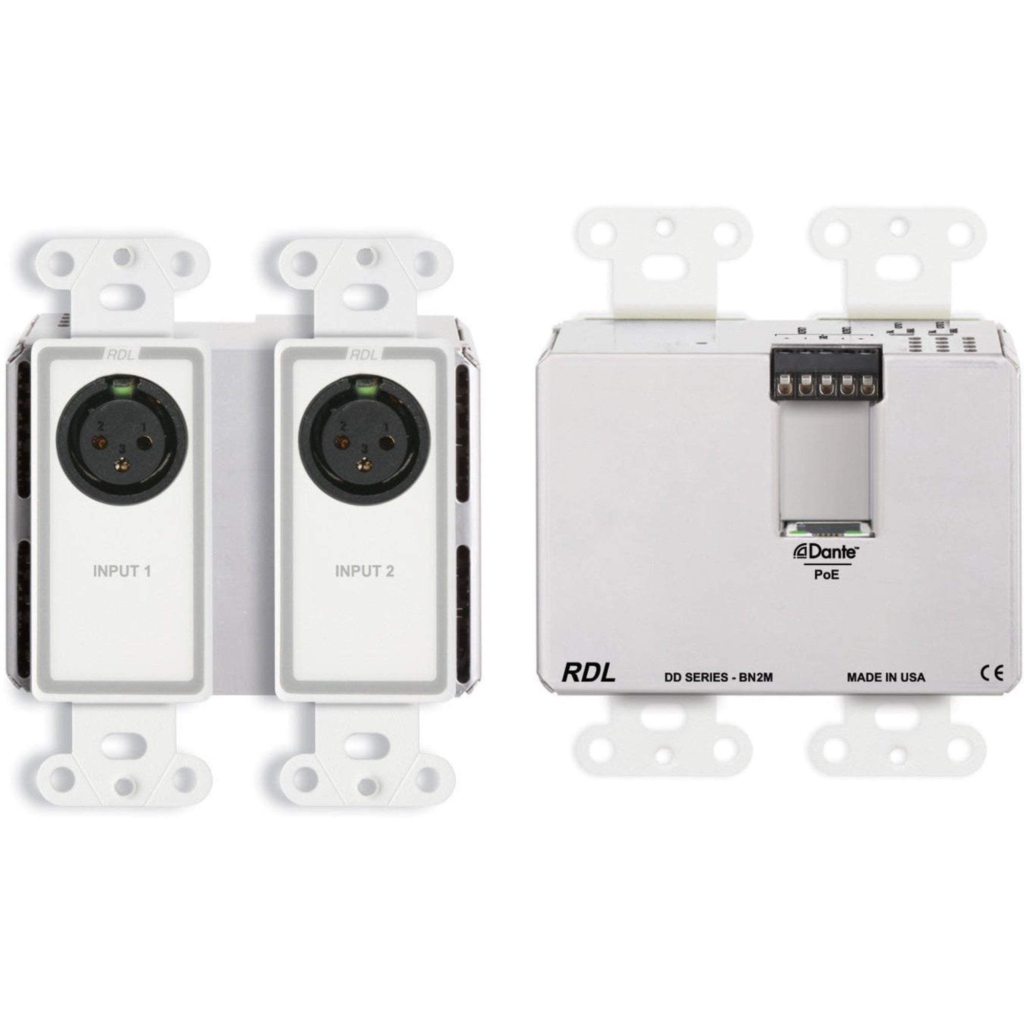 RDL DD-BN2M Bi-Directional Mic/Line Dante Interface 2x2 on Decora Plate (White)