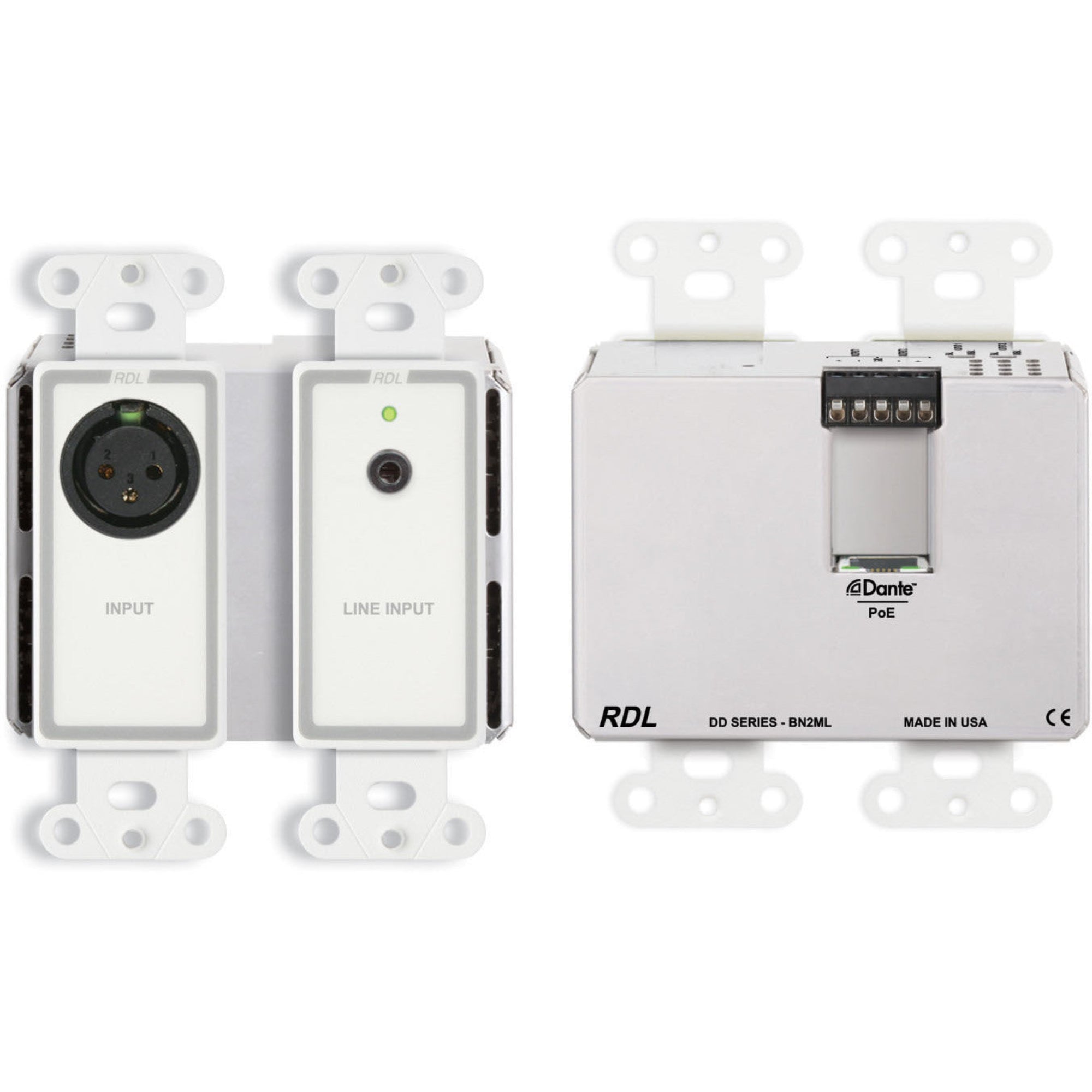 RDL DD-BN2ML Bi-Directional Mic/Line Dante Interface 2x2 on Decora Plate (White)