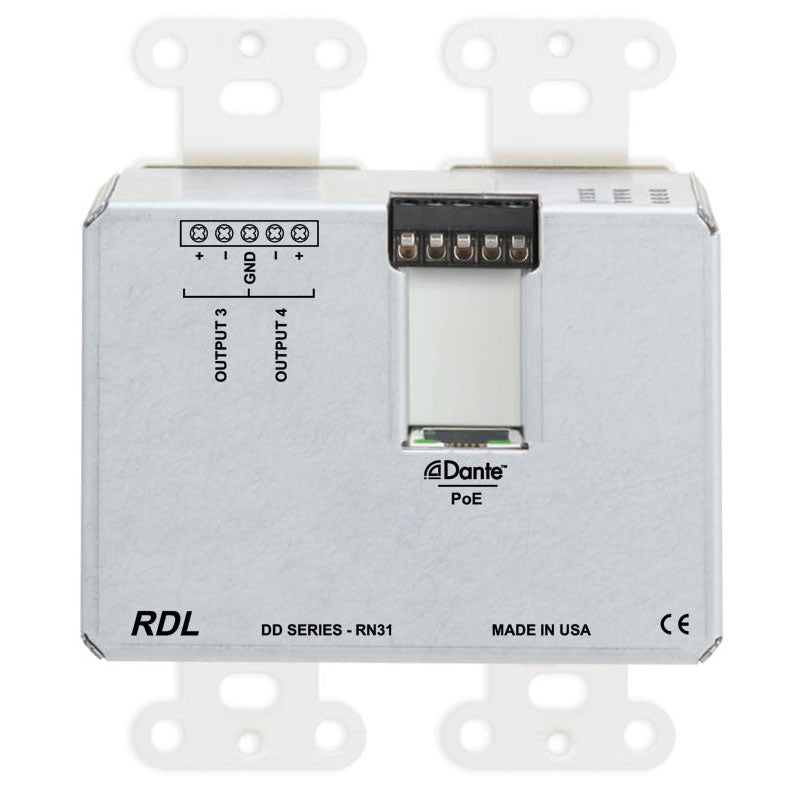 RDL DD-RN31 Bi-Directional Mic/Line Dante Interface 4x4 on Decora Plate (White)