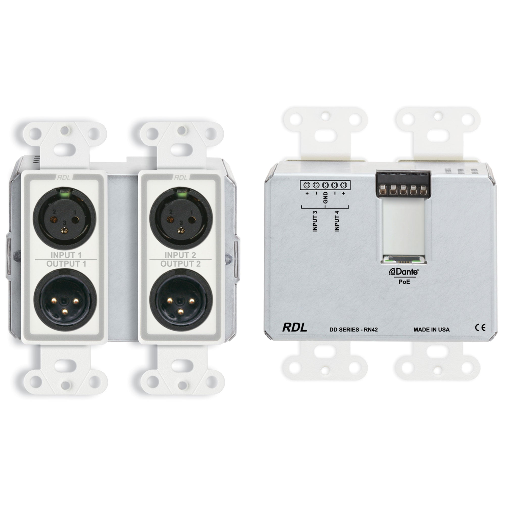 RDL DD-RN42 Bi-Directional Mic/Line Dante Interface 4x2 on Decora Plate (White)
