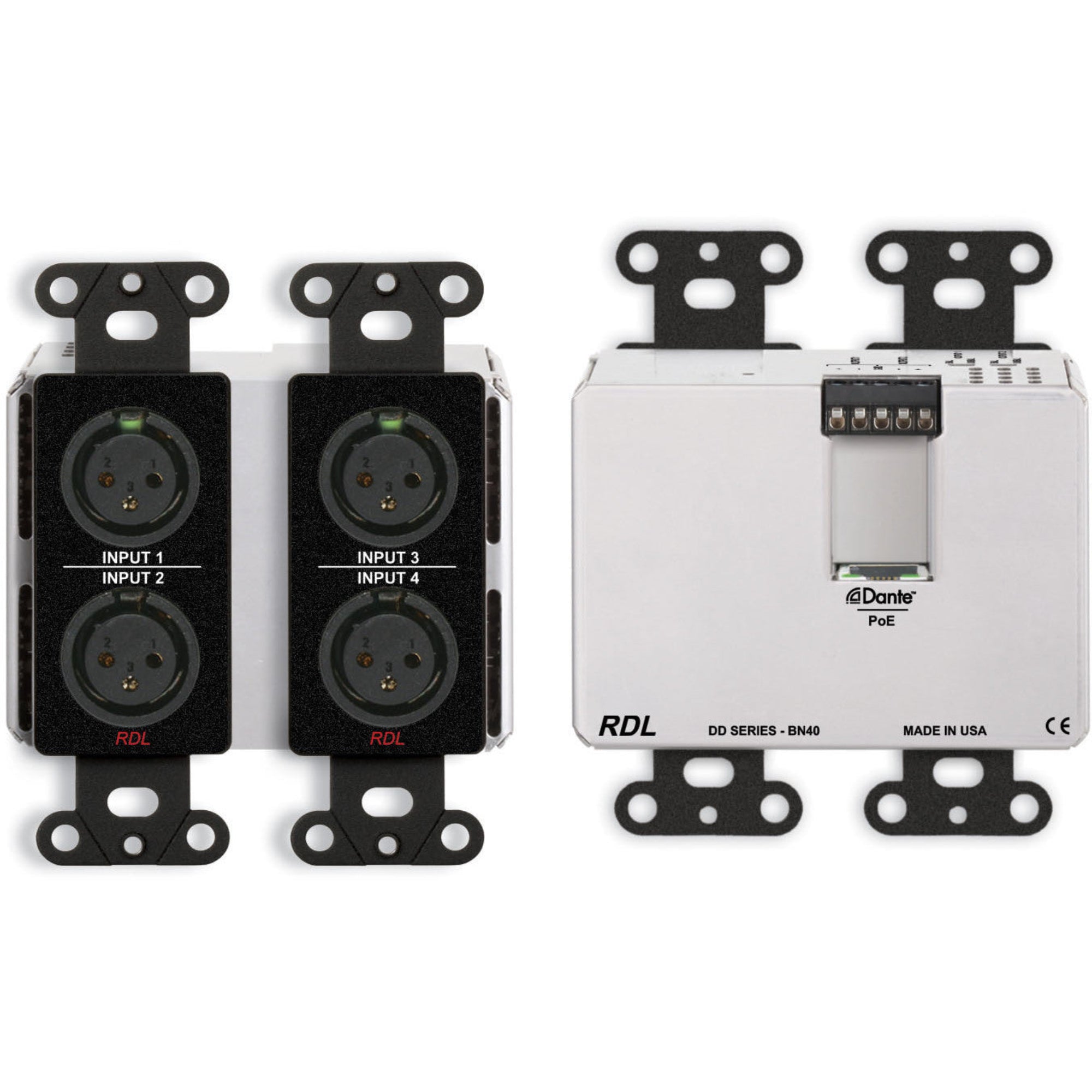 RDL DDB-BN40 Bi-Directional Mic/Line Dante Interface 4x2 on Decora Plate (Black)