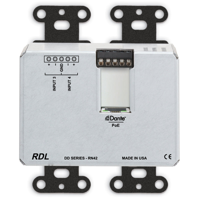 RDL DDB-RN42 Bi-Directional Mic/Line Dante Interface 4x2 on Decora Plate (Black)