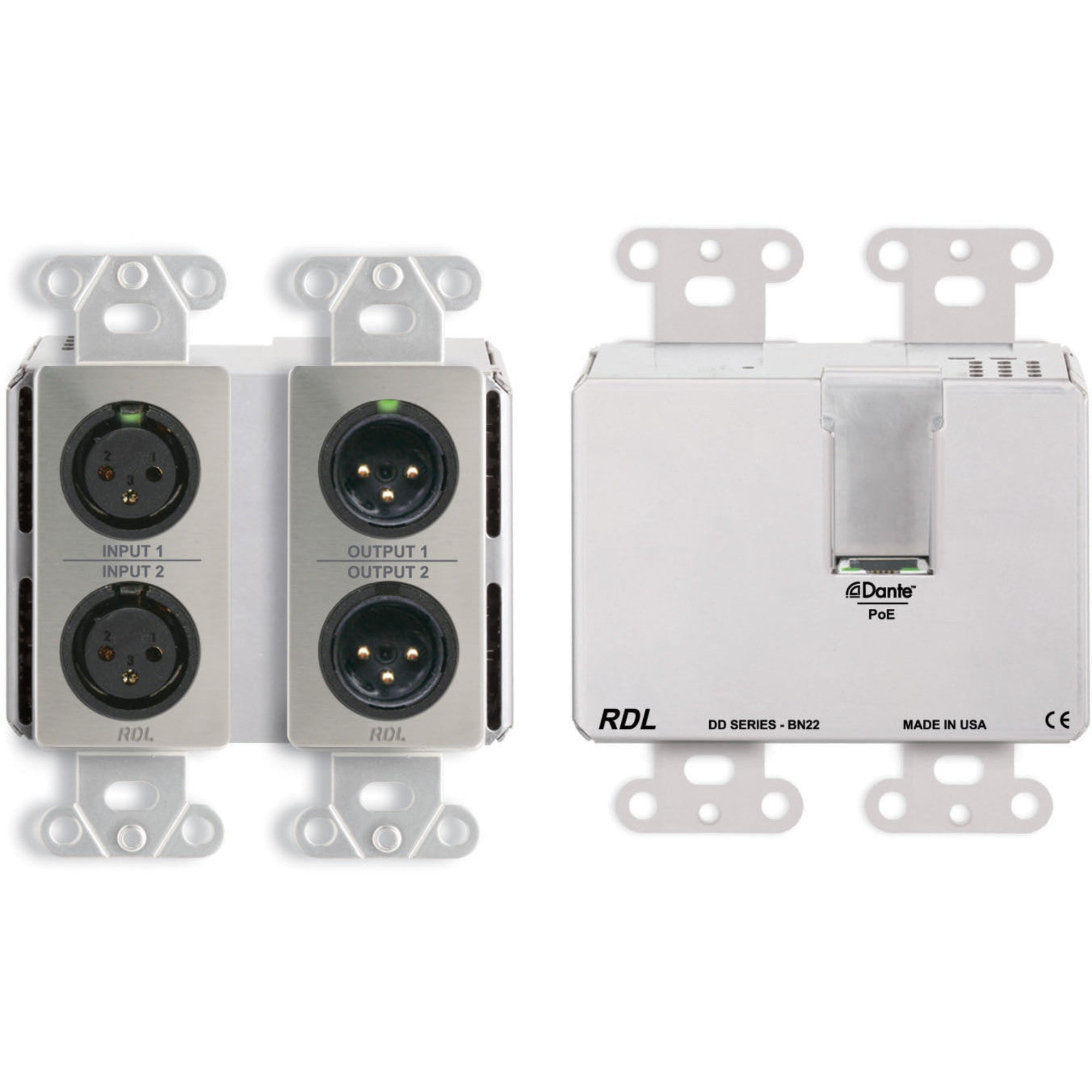RDL DDS-BN22 Bi-Directional Mic/Line Dante Interface 2x2 on Decora Plate (Stainless Steel)