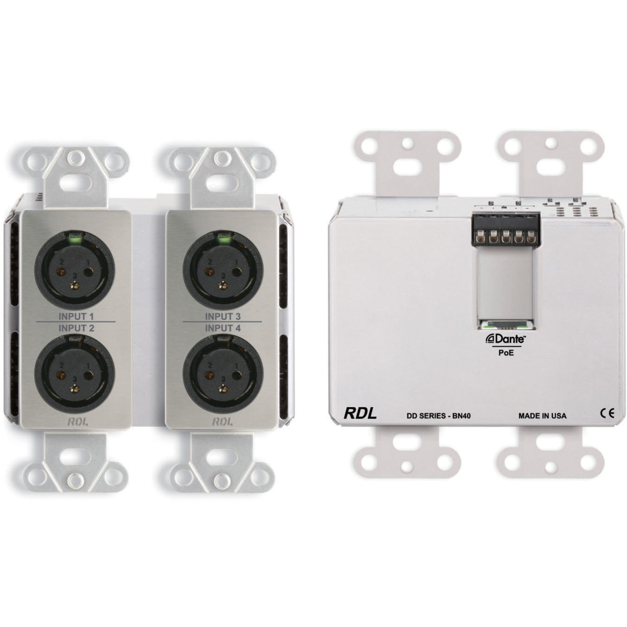 RDL DDS-BN40 Bi-Directional Mic/Line Dante Interface 4x2 on Decora Plate (Stainless Steel)