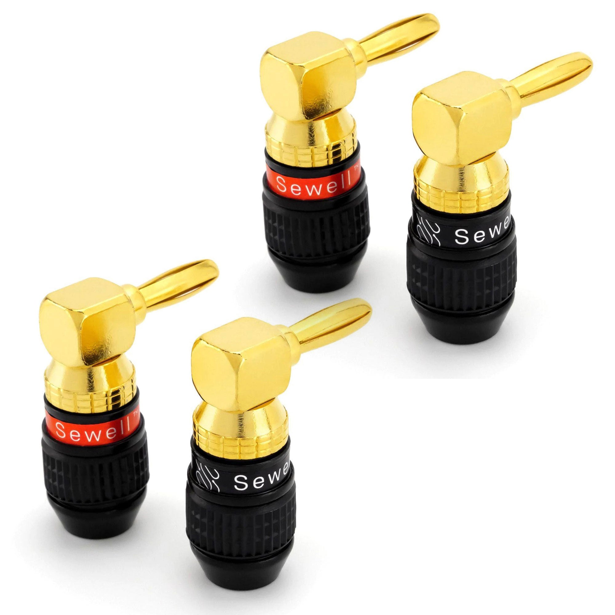 Sewell Deadbolt Gold Plated Right Angle Compression Banana Plugs Bi-Wire Kit (2 Red & 2 Black)