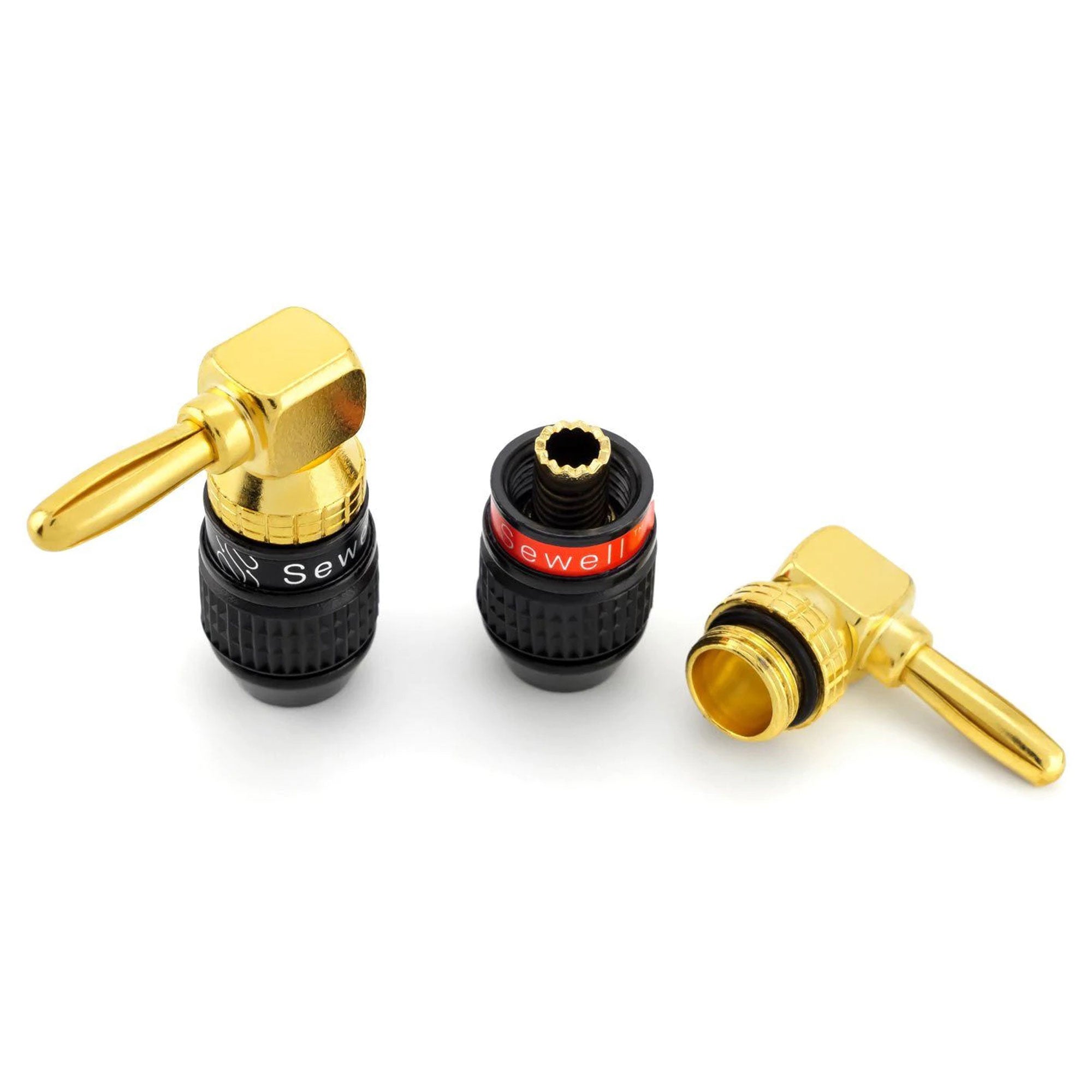 Sewell Deadbolt Gold Plated Right Angle Compression Banana Plugs Bi-Wire Kit (2 Red & 2 Black)