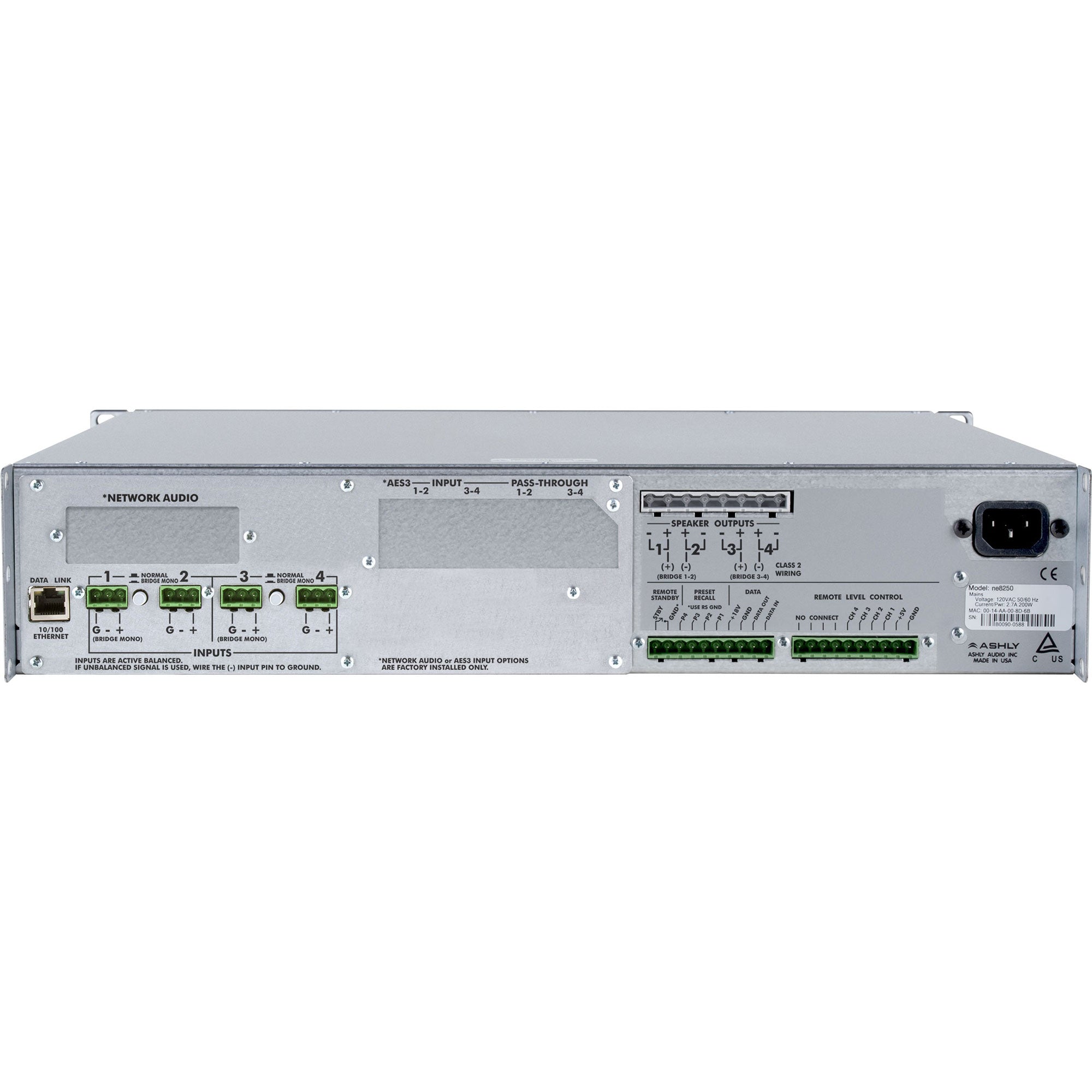 Ashly ne4250.70pe 4-Channel Network Amplifier with Protea DSP (4 x 250W @ 70V)