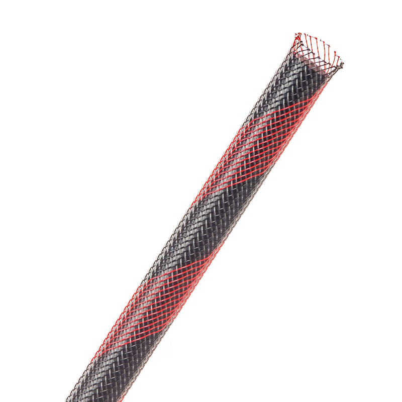 Techflex Flexo PET Expandable Braided Sleeving (1/4" Black with Red Spiral, By the Foot)