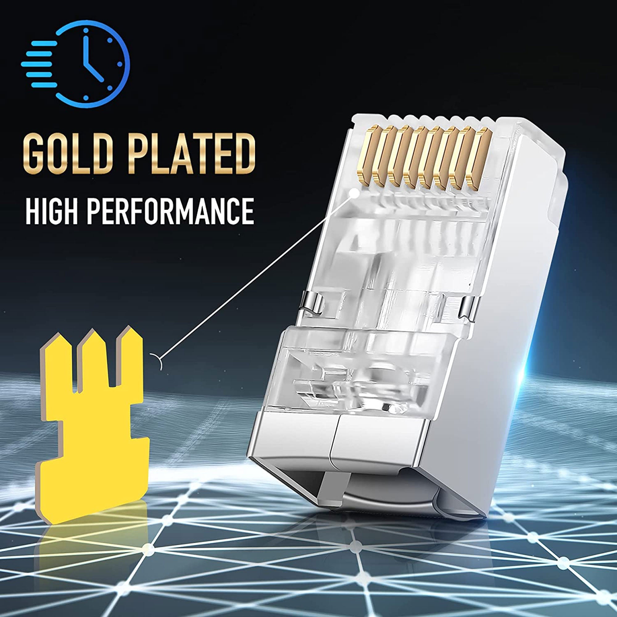 Performance Audio Shielded RJ45 CAT6 Connector with Gold Plated 3-Prong Contacts